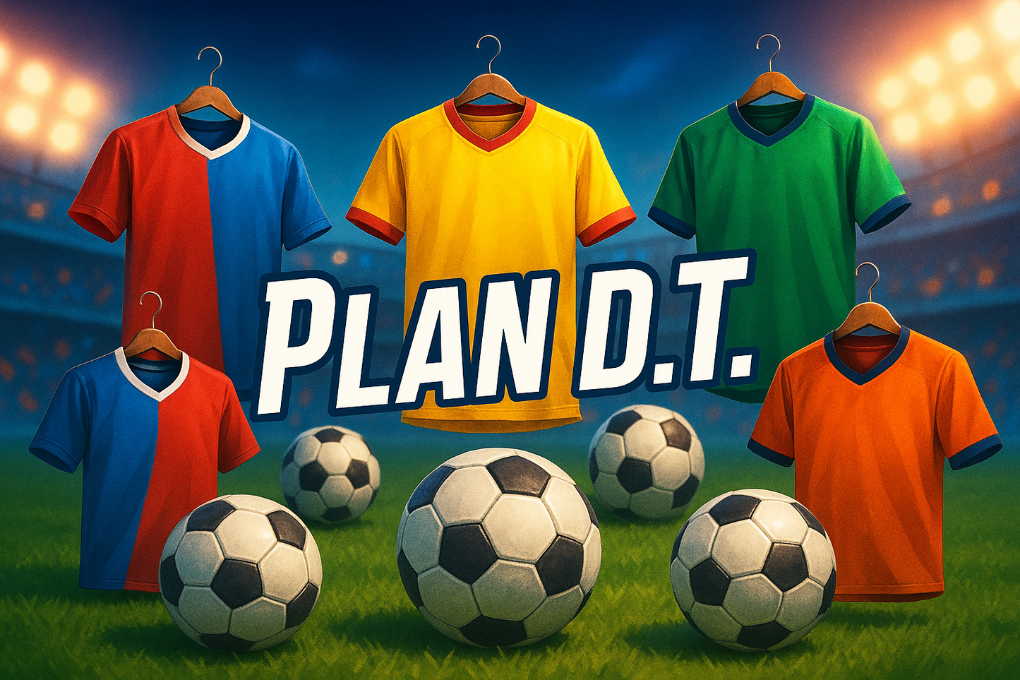Elabora una imagen en entorno deportivo que contenga solo balones y jeserys de futbol y que tenga el texto "Plan D.T." como texto principal