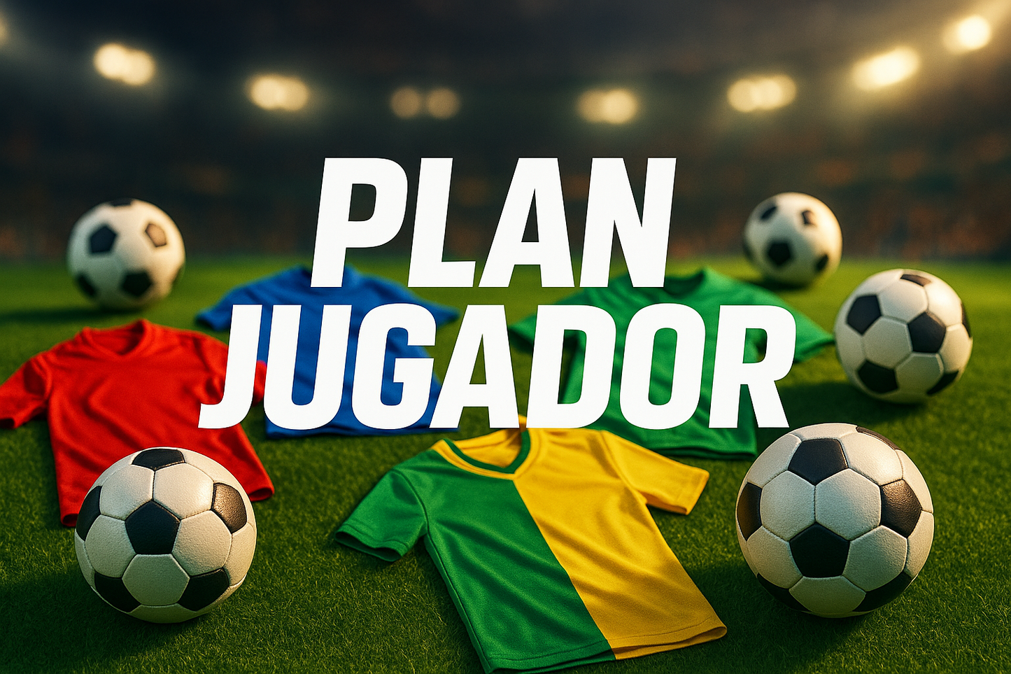 Elabora una imagen en entorno deportivo que contenga solo balones y jeserys de futbol y que tenga el texto "Plan Jugador" como texto principal